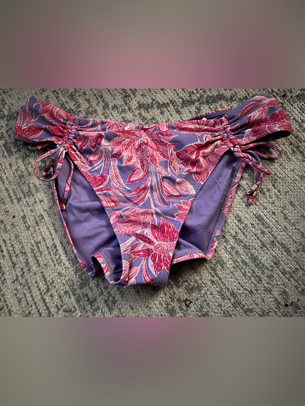 NWT Time and Tru Purple Swim Bottoms with Pink Floral Print and Ruched Side Ties